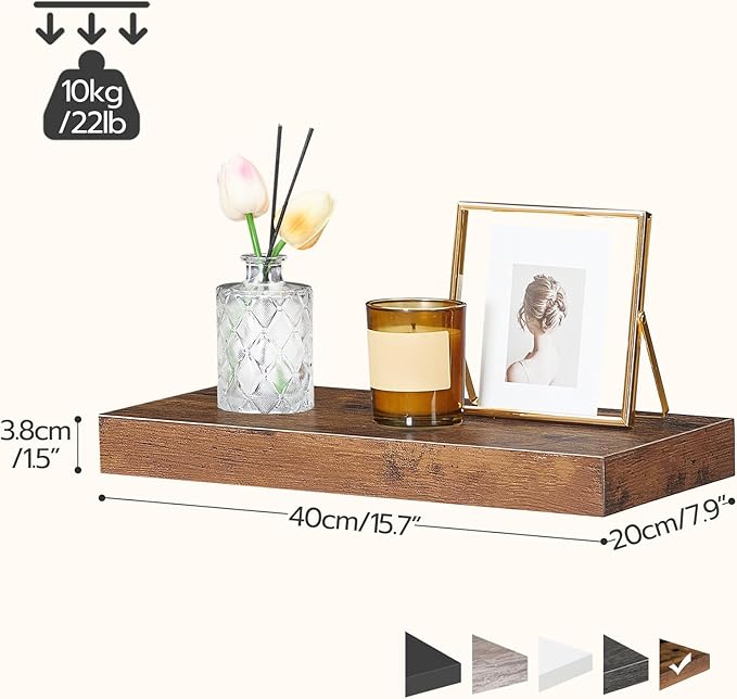 HOOBRO Floating Shelves for Wall, Wall Mounted Shelf Set of 2, 15.7" Hanging Shelf with Invisible Brackets, for Wall in Bathroom, Bedroom, Toilet, Kitchen, Living Room, Office, Rustic Brown BF40BJ01