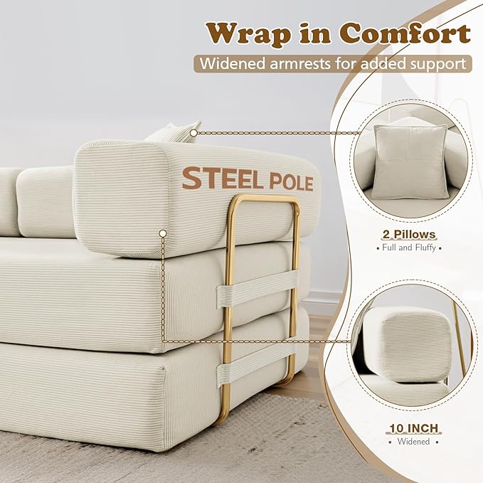 Antetek Convertible Futon Sofa Bed, 3-Seater Modern Corduroy Foam Floor King Size Bed Fold Out Sleeper Lounge Loveseat Sofa Couch with 2 Throw Pillows for Living Room Bedroom Guest Room, Beige