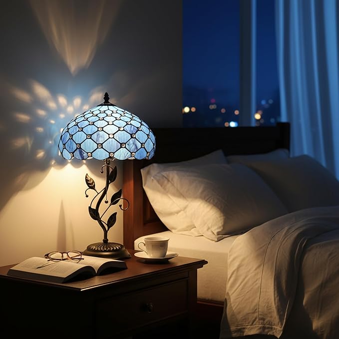 Tiffany Table Lamp, Stained Glass Style Desk Lamp, 12X12X19 Inch,Bedside Reading Light, Metal Leaf Base（Blue Beads Style