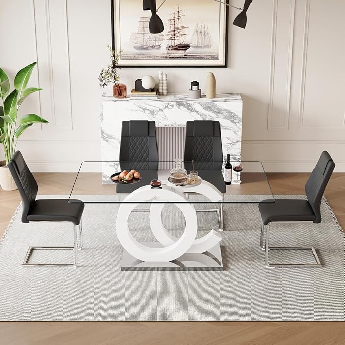 63'' Glass Dining Table Set for 4, Kitchen Table Chairs Set of 4, Clear Glass Dining Table with White unique design Leg and Silver Metal Base, 4 PU Dining Chairs with Metal Legs, Living Room, Kitchen.