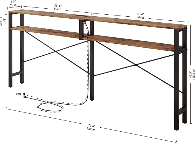 IRONCK Console Table with Power Outlet, Long Sofa Table with Shelves and X-Shaped Design, Narrow Sofa Entryway Behind Couch Table for Living Room and Hallway, Vintage Brown