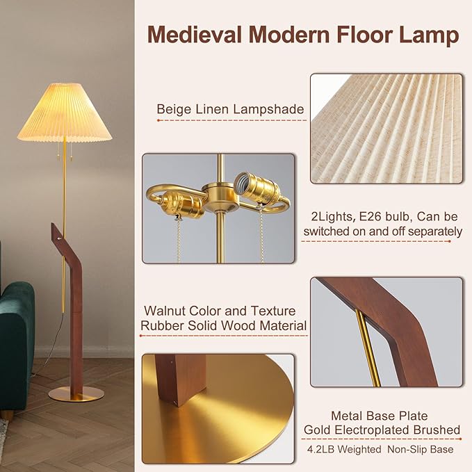 Wood Floor Lamp,Mid Century Modern Floor Lamp,Floor Lamps for Living Room, Height Adjustable Study Room,Bedroom,Office Gold Tall Standing Lamp