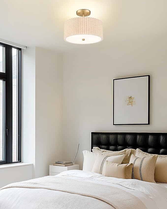 Gold Semi Flush Mount Ceiling Lights, 3-Light 12.5" Light Fixtures Ceiling Mount with Pleated Linen Fabric Shade, Drum Lighting Fixture for Hallway Nursery Bedroom Kitchen, AD-25036-3SF-GD-B