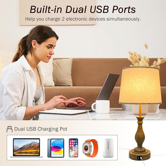 Farmhouse Table Lamp Touch Control 3-Way Dimmable Table Lamp, Modern Nightstand Lamp with 2 USB Port Bedside Desk Lamp with Fabric Shade for Living Room (Pack 1-Beige Shade & Touch)