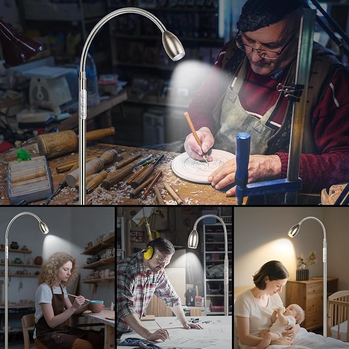 Reading Floor Lamp, 72" Tall LED Lamp with Flexible Gooseneck, Dimmable Zoomable Spotlight, Adjustable Color Beam Standing Lamp, Touch & Remote Control, Task Craft Bedroom Living Room (Brushed Nickel)