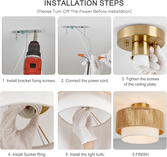 12.6" Drum Flush Mount Ceiling Light Hallway Light Fixtures with Rattan Shade,1-Light Semi Flush Light Fixture Ceiling Mount for Kitchen, Bedroom, Bathroom, Living Room