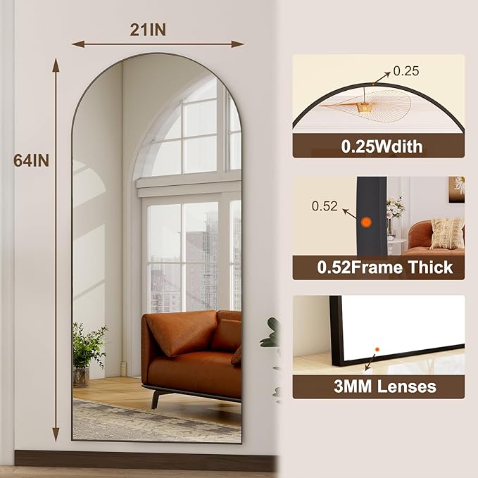 HARRITPURE Arched Full Length Mirror - 64"x21" Floor Standing Mirrors Hanging Mounted Aluminum Frame Full Body Mirror Home Decor for Living Room Bedroom Cloakroom, Black