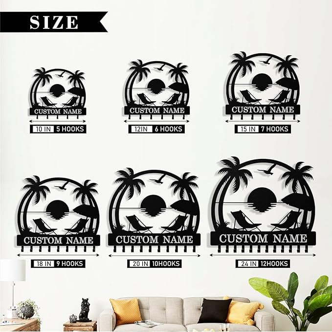 Personalized Beach Key Holder Wall Mount, Custom Metal Keys Hanger for Wall with Name, Custom Key Rack Holder with Hooks for Home, Entryway, Front Door, Living Room, Kitchen, Bathroom