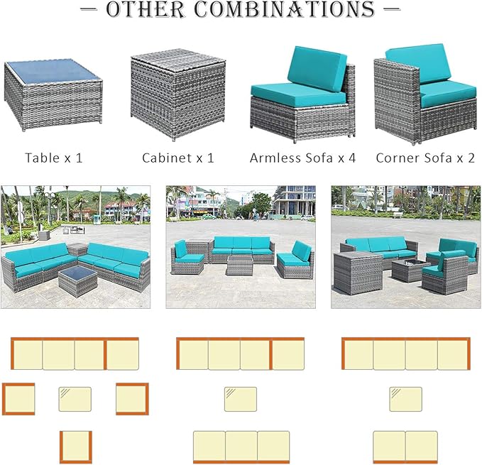 HAPPYGRILL 8-Pieces Patio Furniture Set Outdoor Rattan Conversation Set with Storage Box Sectional Wicker Sofa Set with Coffee Table and Cushions for Garden Backyard