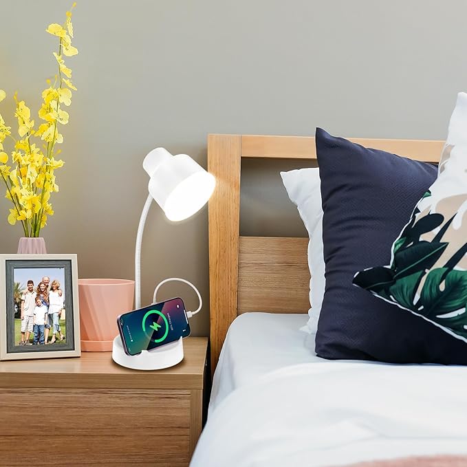 Energetic LED Desk Lamp with Phone Holder, Table Lamp with AC Outlet, Adjustable Flexible Gooseneck, 4000K, Eye-Care Reading Light for Bedroom, Study, Computer Desk, Living Room, Home Office, White