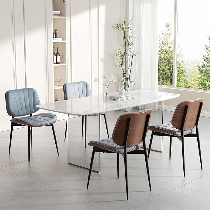 Dining Chairs Set of 6, Mid Century Modern Dining Room Chairs, Upholstered Faux Leather Kitchen Chairs with Walnut Bentwood Back and Metal Legs, Blue