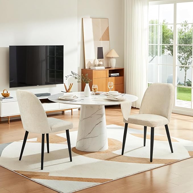 Upholstered Dining Chairs Set of 2, Mid Century Modern Fabric Dining Room Chair High-Back Padded Kitchen Chairs with Padded Seat and Metal Legs for Kitchen Dining Room Restaurant Cafe, Beige