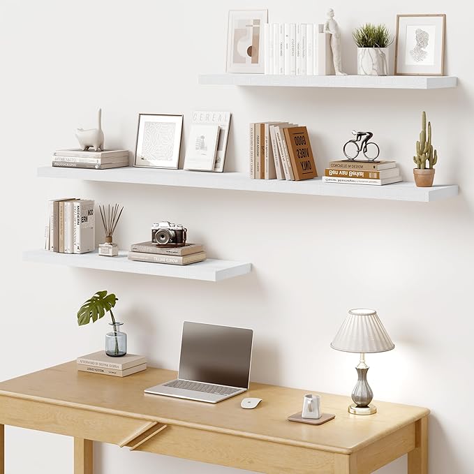 Vivelove 10 in Deep Floating Shelves for Wall, 55" x 10.2" x 1.5" Shelves for Room Wall Mounted, 1.5 Inch Thick Shelf for Bathroom Bedroom Kitchen Book Room, Modern Farmhouse Decor, Set of 2, White