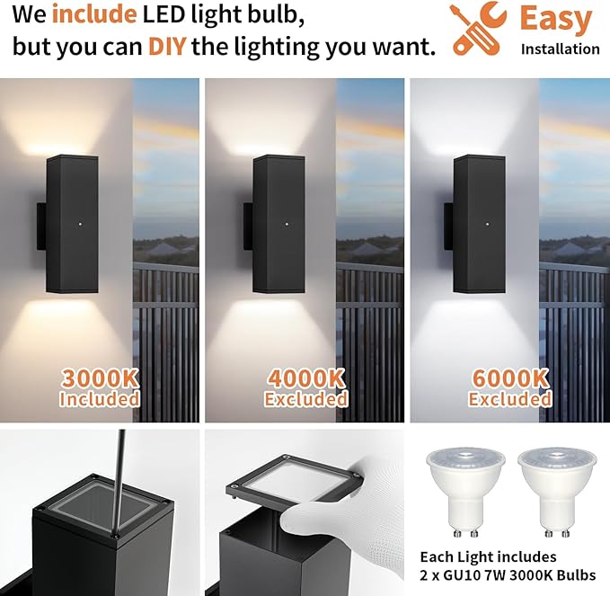 Dusk to Dawn Outdoor Lighting, LED Square Up and Down Outdoor Sconce Lights, Matte Black Exterior Lighting Fixtures with 7W LED Bulbs, Front Porch Lights for house, Garage, Patio, Doorway, 4 Pack