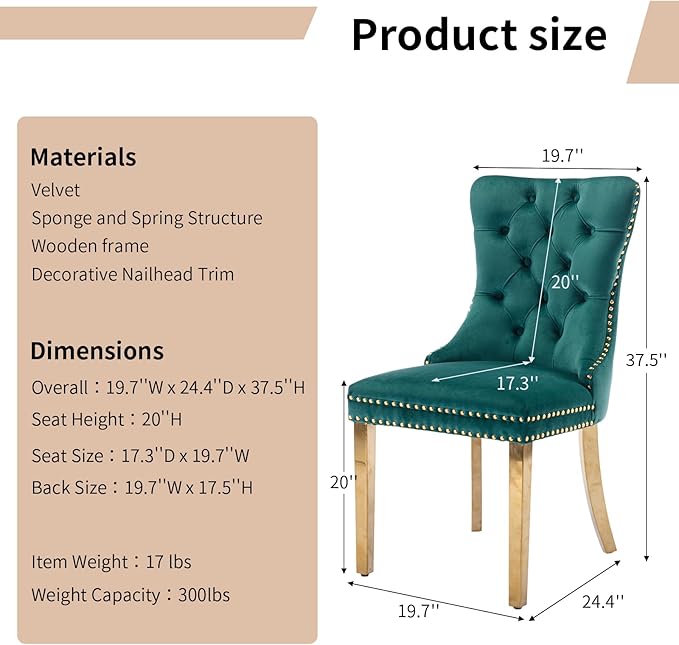 Luxury Upholstered Dining Chairs Set of 6, Green Kitchen Chair with Golden Metal Legs, Velvet Tufted Back Dining Chair, Sillas de Comedor, Modern Kitchen & Dining Room Chairs (Green, 6 Pcs)