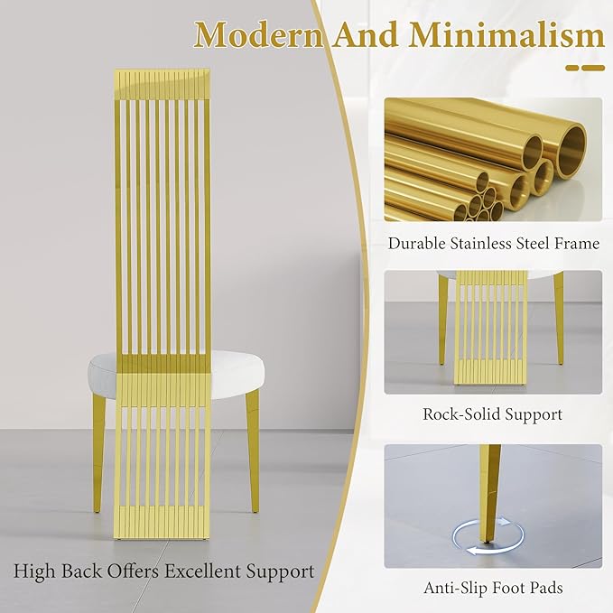 Modern Glod Dining Chairs Set of 2, Upholstered High Back Dining Chairs with Polished Stainless Steel Backrest and Legs, Luxury Dining Room Chairs for Kitchen Living Room Restaurant