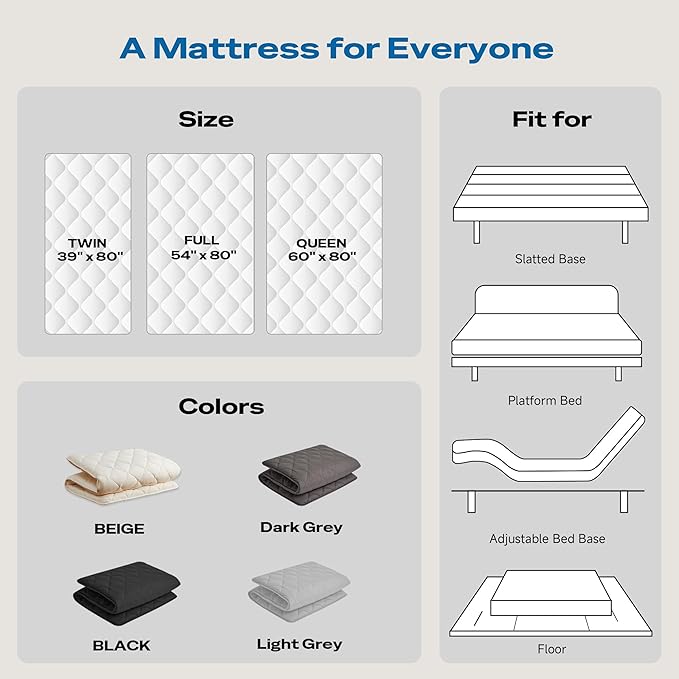 Aircliff Japanese Floor Mattress, Roll Up Tatami Mat, Sleeping Pad, Shikibuton, High Density Foam Floor Bed Futon Mattress for Sleeping, Dormitory, Guest Bed, Designed in Japan(Twin)