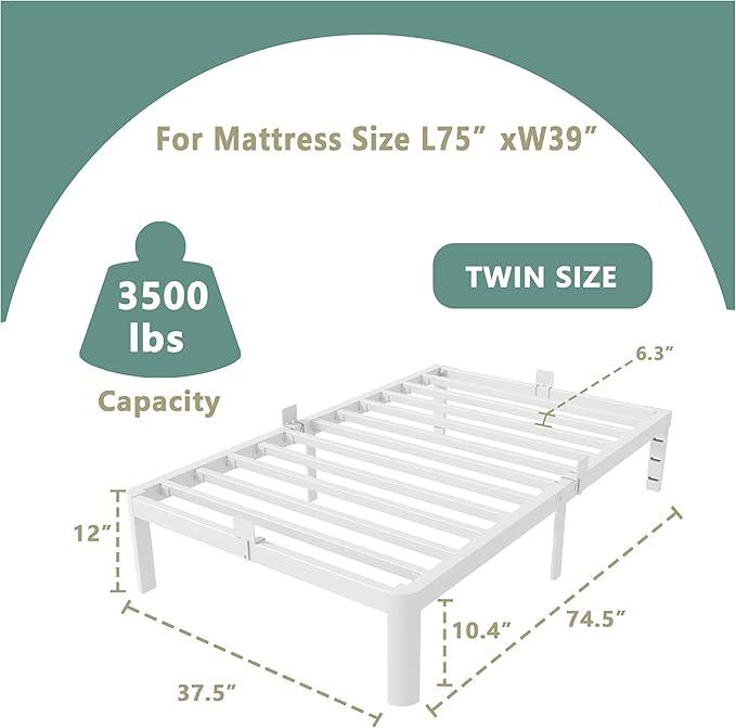 ITIMIDI 12 Inch White Twin Bed Frames, Metal Twin Size Platform Bed Frame with Round Corner Legs, Heavy Duty Steel Support 3500 LBS, Storage Space, No Box Spring Needed, Noise Free, Easy Assembly