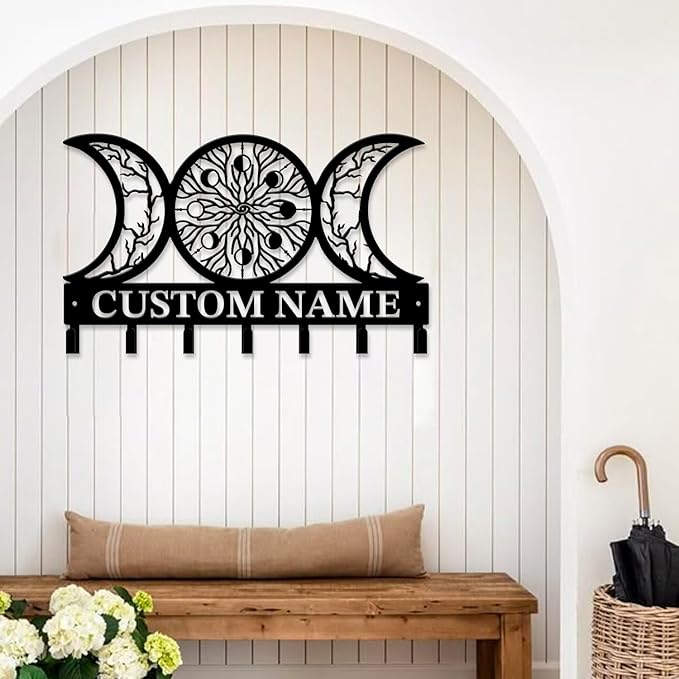 Life Tree Key Hook - Customized Metal Wall Organizer with Name Engraving, Black Iron Home Decor for Themed Collectors (Style E)