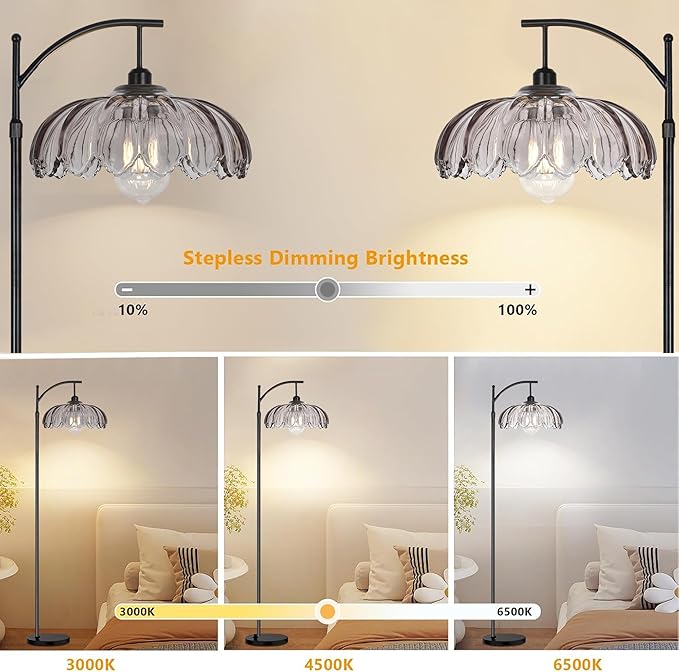 Arc Floor Lamps for Living Room with Remote,Black Dimmable Floor Lamp with Gray Glass Shade,Unique Vintage Flower Standing Tall Lamp,Modern Mid Century Floor Lamps for Bedroom Office Corner