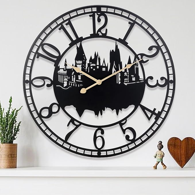 Wall Clocks for Living Room, Metal Black Castle with Metal Golden Retro Hands, Battery Operated Silent Non-Ticking Large Wall Clock for Bedroom Kitchen Living Room Home Decor,24x24Inch
