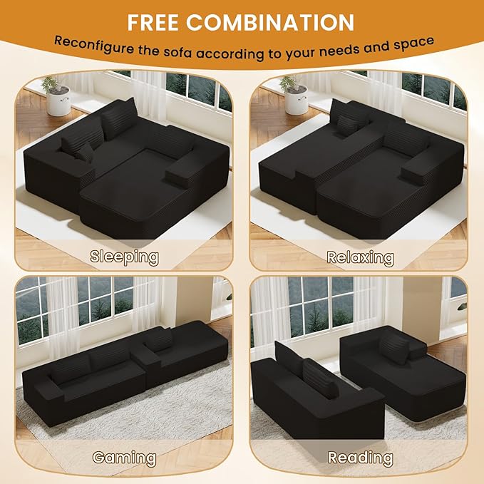 105.5" Modular Sectional Sofa L-Shape, Modular Cloud Sofa with Deep Seat for Living Room Bedroom, Upholstered Couches No Assembly Required (Black Right Facing Chaise)