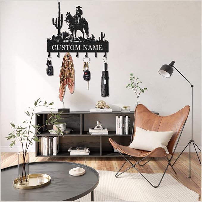 Personalized Key Holder for Wall, Custom Metal Cowboy Key Hooks with Name, Meta Jacket Holder Hooks Organizer Rack, Jacket Hanger Decor for Kitchen, Entryway, Hallway, Office, Doorway