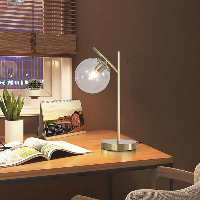 Mid Century Modern Table Lamp, Contemporary Metal Brass Bedside Lamps with Clear Glass lampshade, Gold Globe Nightstand Lamp for Bedroom Living Room Study Room