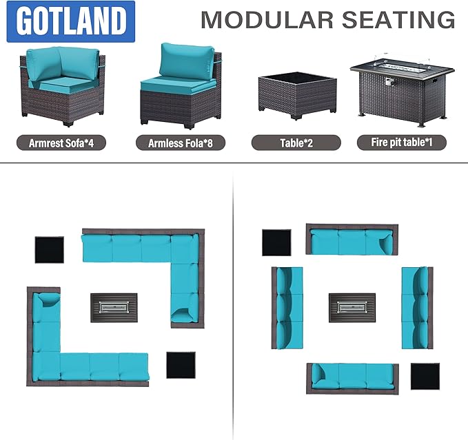 Gotland 15 Pieces Patio Furniture Set with Fire Pit Table, All Weather Rattan Outdoor Furniture with 29.5'' High Backrest 4’’ Thick Cushions Coffee Table, Patio Set for Porch, Deck, Backyard, Blue