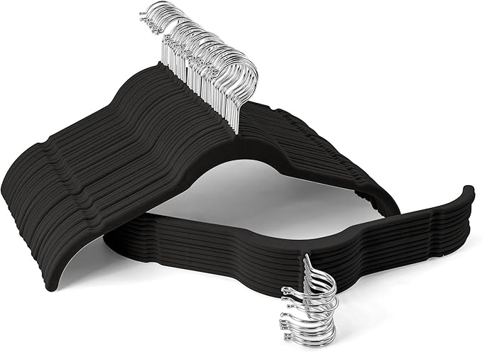 Premium Velvet Hangers 50 Pack - Space-Saving Closet Organizer for Clothes, Non-Slip Flocked Design, Ideal for Shirts and Coats (Black)