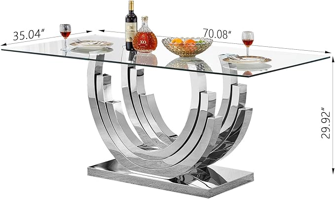 70 ''Glass Dining Table,Rectangle Glass Kitchen Table w/Tempered Glass Tabletop and Stainless Steel Base, Modern Glass Dining Room Table for Home, Kitchen, Dining Room