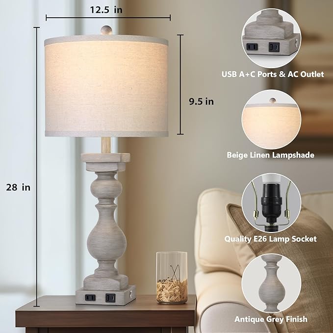 28" Tall Farmhouse Table Lamps Set of 2 with USB C+A Ports and AC Outlet, 3 Way Touch Tall Rustic Bedside Lamps for Living Room, Grey Vintage Lamps for Bedroom