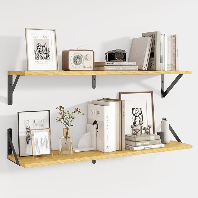 Axeman 32 Inch Floating Shelves | 8 Inch Deep Oak Wall Shelves Set of 2 | 31.5W x 8D Rustic Wood Shelves for Bookshelf Living Room Bedroom Home Office Bathroom