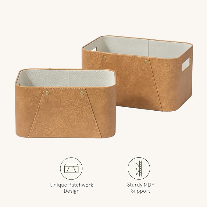 La Jolie Maison Storage Baskets for Organizing, 2 Pack, Storage Cube Boxes Luxury Brown Vegan Leather for Closet Shelf Cabinet Bookcase Camel