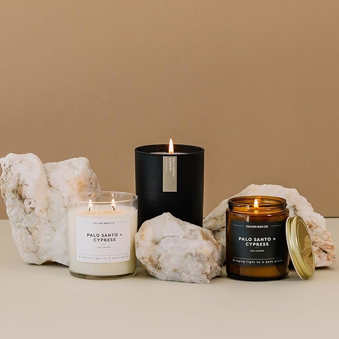 Calyan Wax Co. Palo Santo & Cypress Scented Candle - 57 Hour Burn - Luxury Non Toxic Soy Wax Candles - Long Lasting Amber Glass Jar Candle for Home - 7.2oz