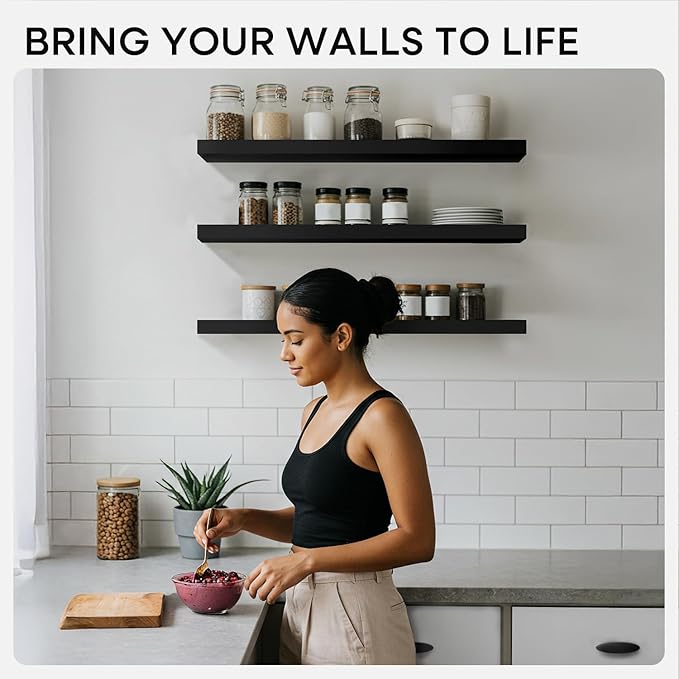 Homeforia Floating Shelf Black 12 inch, High End Solid Real Wood Small 12inch Floating Shelves for Wall Mounted, Black Wooden 12 in Floating Shelves, Heavy Duty Bracket, 12 X 6.5 X 1.75 inch, Set of 3