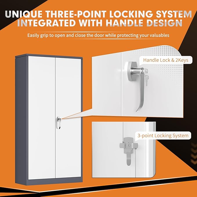 INTERGREAT Metal Wardrobe Closet, 72" Locking Storage Wardrobe Cabinet with White Doors and Shelves, 18 "D x 36" W Steel Clothes Storage for Office, Home, School, Gym (White Grey)