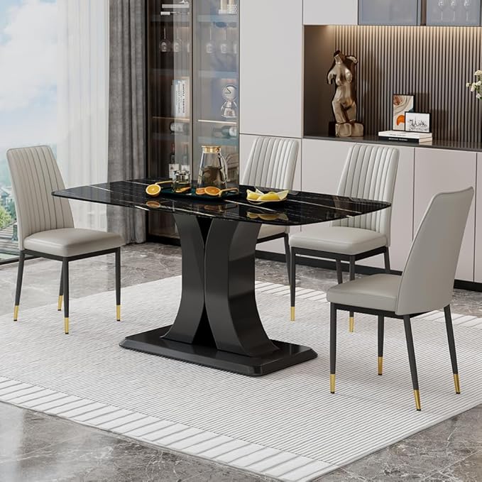 Modern Marble Dining Table Set for 4 - Rectangular Kitchen Table With PU Leather Upholstered Chairs for Dining Room (Light Grey-C, Black)