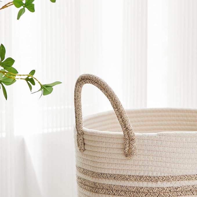 VIPOSCO Large Laundry Hamper, Tall Woven Rope Storage Basket for Blanket, Toys, Dirty Clothes in Living Room, Bathroom, Bedroom - 58L Brown & White