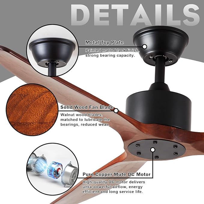 52 inch 3 blade Wood ceiling fan without light, Noiseless Reversible DC Motor Walnut Ceiling Fan Without Light for Farmhouse Patio Living Room Bedroom, Indoor Outdoor Ceiling Fan with Remote