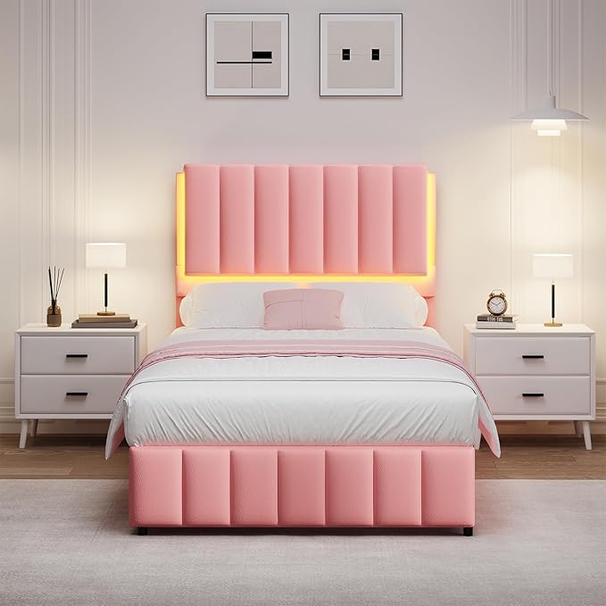 Twin Upholstered Bed Frame with LED Lights, Faux Leather Platform Bed with Headboard and Wooden Slats Support, No Box Spring Needed, Noise-Free, Easy Assembly, Pink