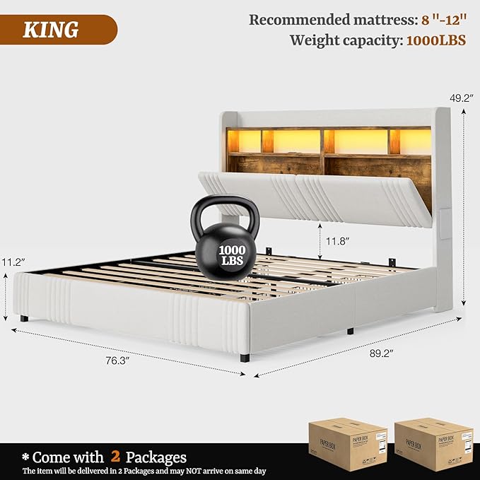 IKIFLY King Size Bed Frame with Hidden Storage Headboard & 4 Drawers, 49.2” Tall Upholstered Wingback Headboard with LED Lights and Charging Station, No Box Spring Needed, Solid Wood Slats, White