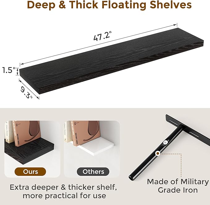 Fun Memories Floating Shelves for Wall, 48 x 9.3 Large Floating Shelf Wall Mounted Set of 2, Rustic Wood Shelves for Bathroom, Kitchen, Living, Heavy-Duty Storage Deep Shelf for Books, Decor, Black
