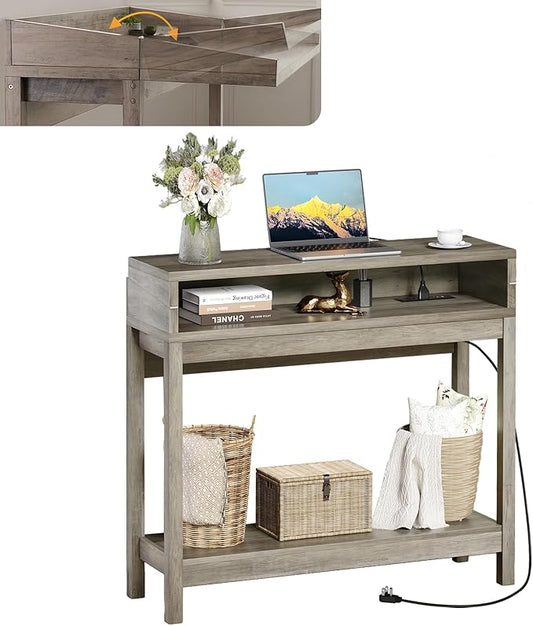 Console Table with Charging Station, 38” Narrow Side Foldable Sofa Table with Shelves, Side Table with Charging, Entryway Table with Anti-Tip Design,Rustic,Rustic Gray