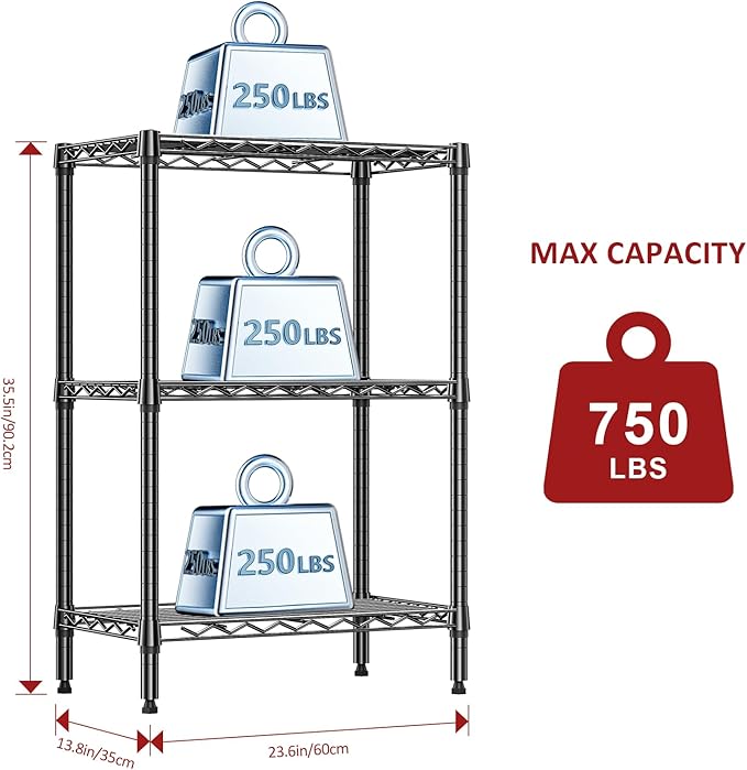 IZEUK 3 Tier Heavy Duty Steel Storage Shelves, Metal Shelf Wire Shelving Rack for Pantry, Kitchen, Cloakroom or Office Organization (13.8" D x 23.6" W x 35.5" H, 750LBS, Black)