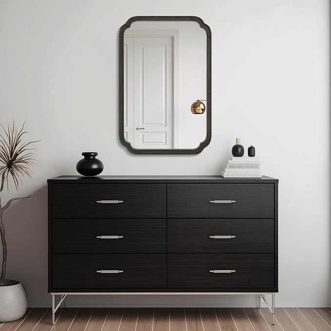 WallBeyond 24" x 36" Rounded Corner Arch Wall Mirror with Wood Frame for Entryway, Living Room or Bedroom Home Decor - Light Woodgrain [24" x 36" Black]