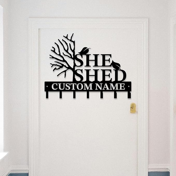 Personalized She Shed Keys Hooks,Custom Name Metal She Shed Art Keys Hooks,Metal She Shed Lover Wall Home Storage Decorative Keys Hooks,Key Holder Hooks for Wall (Style F)