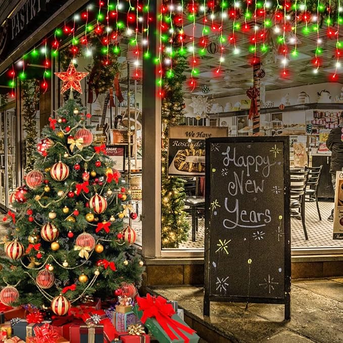 Hezbjiti Christmas Lights - Outdoor Decorations, LED Fairy String Curtain Lights with 75 Drops, 8 Modes, 1600LED, 164FT for Christmas Decor (Red, Green, Cold)