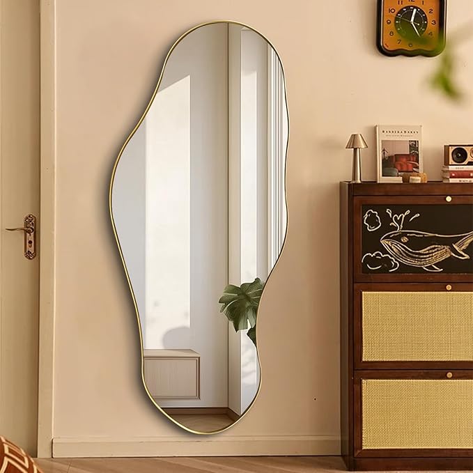 Irregular Mirror, 47"x20.5" Asymmetrical Wall Mirror with Gold Metal Frame, Large Abstract Mirrors Decorative, Modern Unique Shaped Mirrors for Living Room Bathroom Bedroom Hallway Entryway
