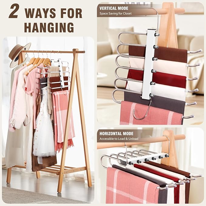 Space Saving 6 Tier Pant Hangers, Anti-Slip, Lightweight, Stainless Steel, 2 Pack, White